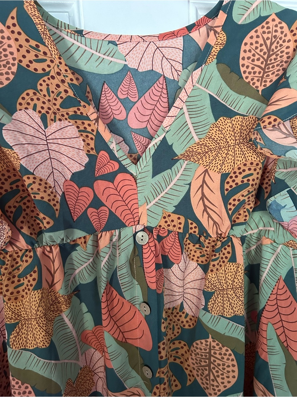 Floral Leaf Print Mini Dress in Coral & Olive - Picture 3 of 4